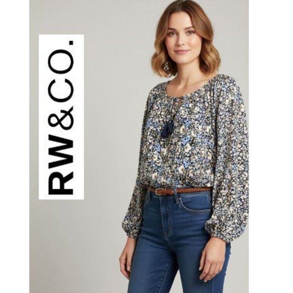 NWOT!! RW&Co long sleeve floral pattern shirt with front tassel ties - Picture 1 of 9